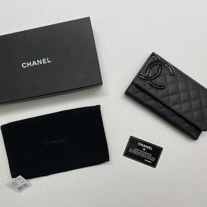 CHANEL CC Cambon Calf Leather Enamel Black Pink Long Wallet